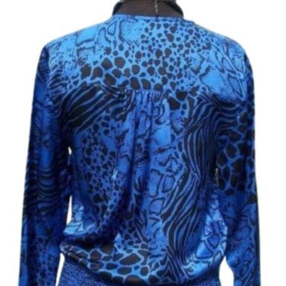 Cache Silk pLeather Shoulders Top New Faux Wrap Shirred Waist Animal NWT $138 - Picture 5 of 7